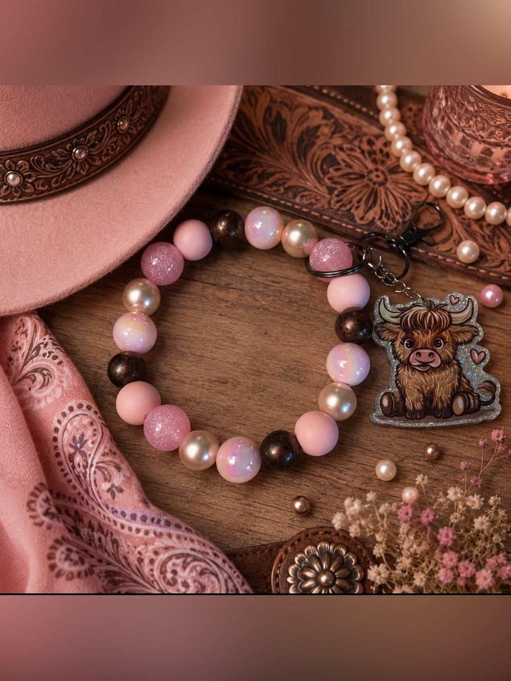 Hand Crafted Pink Beaded Keychain with Highland Cow Charm